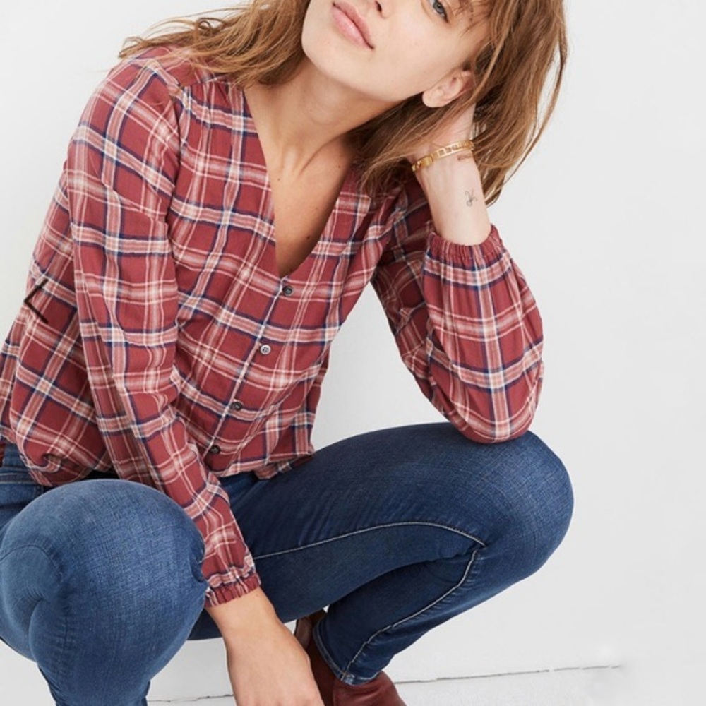 Madewell V Neck Button Down Shirt in Plaid